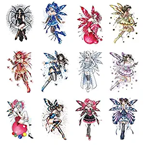 12 Sexy Glitter Fairy Tattoos Temporary. Twelve Colorful Pink Purple Blue Red White Girls Wings, Stocking, Black Boots Body Face Elf Pixie Nymph Dancing Spirit Moon Rainbow Flying Bubbles Butterflies