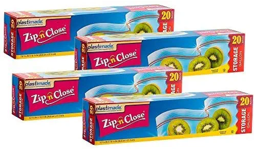 Plastimade Zip'n'Close Disposable Plastic Resealable Storage Bags, 1 Gallon Size, 80 Bags, Great for Home, Office, Vacation, Traveling, Sandwich, Fruits, Nuts, Cookies, Or Any Storage Needs (4 Packs)