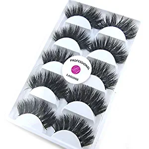3D Real Mink False Eyelashes LASGOOS 100% Siberian Mink Fur Luxurious Soft Cross Thick Very Long Wedding Party 5 Pairs Fake Eye Lashes K02 (1 Pack-5 Pairs)