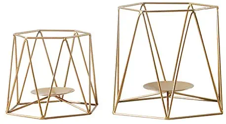 Le Sens Amazing Home Large Brass Gold Metal Pillar Candle Holders Set of 2, 4.7/6.2 inches, Geometric Elegant Tealight Holders, Centerpieces for Wedding, Home Decor, and Anniversary