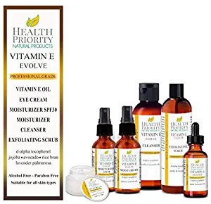 Natural & Organic Vitamin E Skincare System. Vitamin E Oil, Vitamin E Eye Cream, Vitamin E Daytime Moisturizer with SPF 30, Vitamin E Moisturizer, Vitamin E Exfoliating Scrub & Vitamin E Cleanser