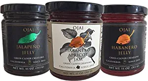 Ojai Pepper Jelly Assorted Varieties: Ojai Jalapeño Jelly, Ojai Habanero Jelly & Ojai Habanero Apricot Jam 11 oz jars (3 pack)